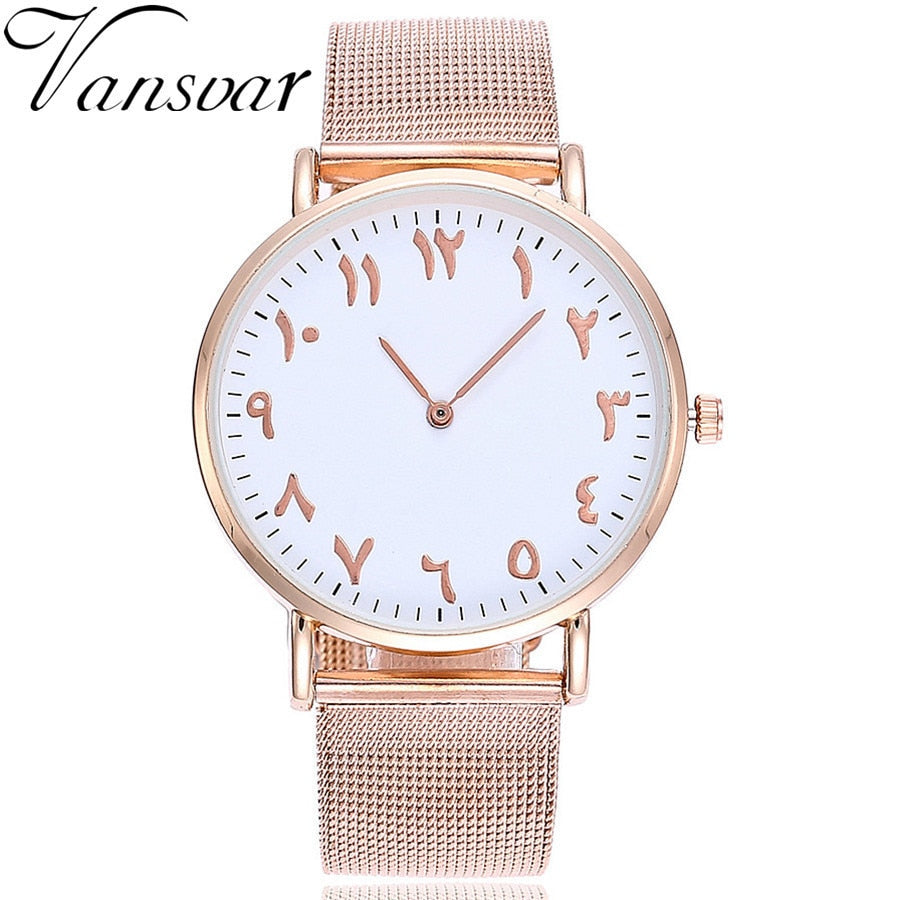 Vansvar Silver & Rose Gold Mesh Arabic Numbers Watch Fashion Casual Women Stainless Steel Quartz Wristwatches Relogio Feminino