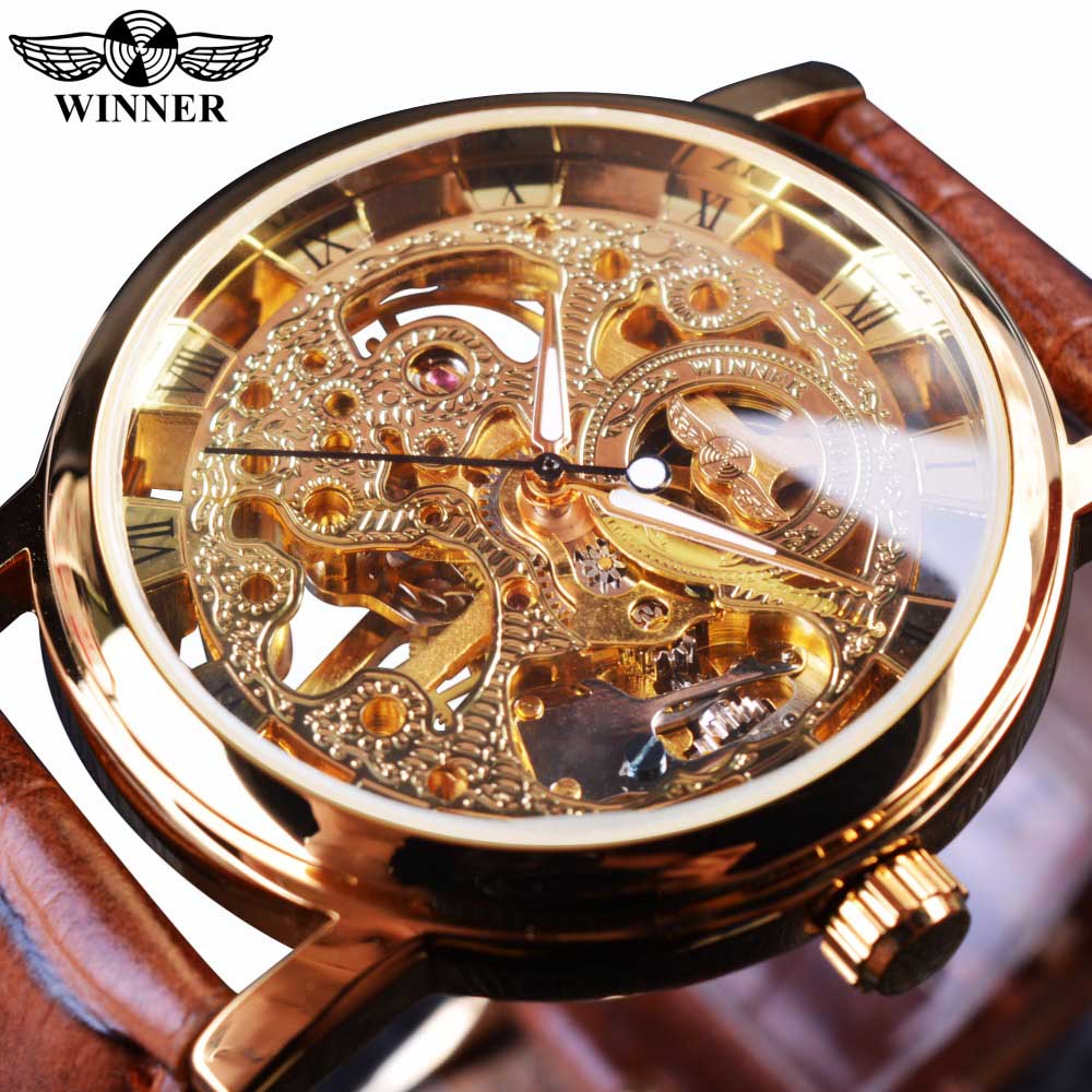 Winner Transparent Golden Case Luxury Casual Design Brown Leather Strap Mens Watches Top Brand Luxury Mechanical Skeleton Watch