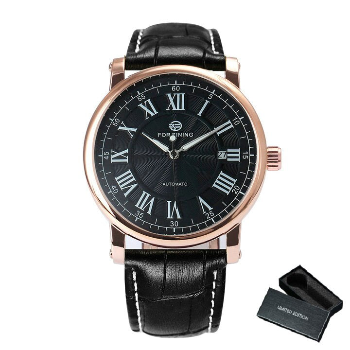 FORSINING Luxury Men Automatic Watch Retro Mechanical Man Wristwatch Black Leather Band Luminous Hands Waterproof Calendar Day